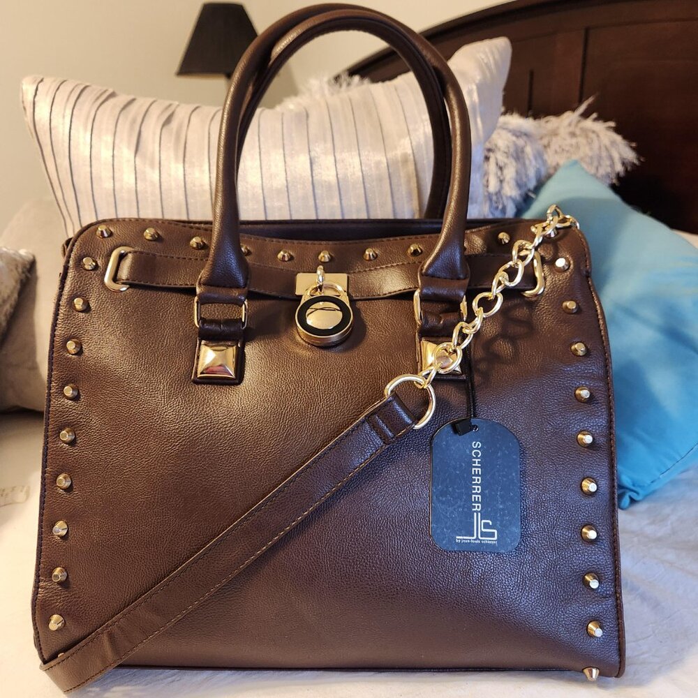 Scherrer NWT  Dark Brown, studded Satchel w/gold tone lock and detachable strap